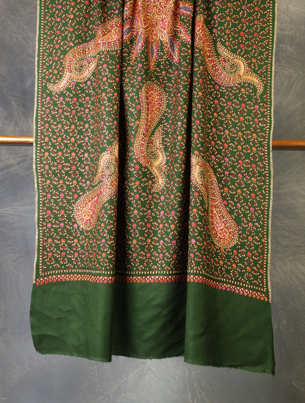 Green Base Jamawar Merino wool Embroidery Shawl