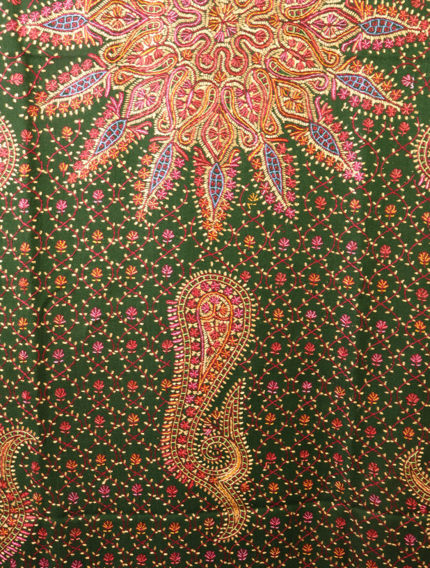 Green Base Jamawar Merino wool Embroidery Shawl