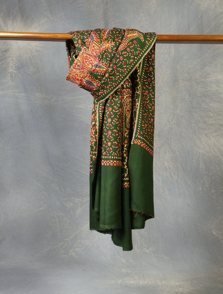 Green Base Jamawar Merino wool Embroidery Shawl