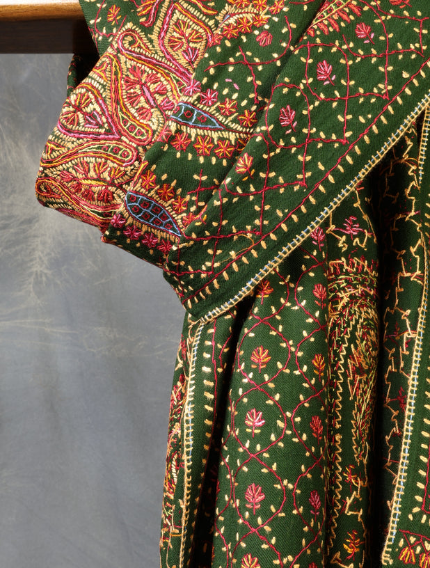 Green Base Jamawar Merino wool Embroidery Shawl