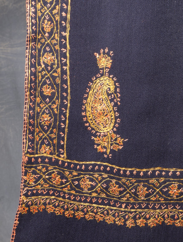 Navy Blue Buteh Embroidery Merino Shawl