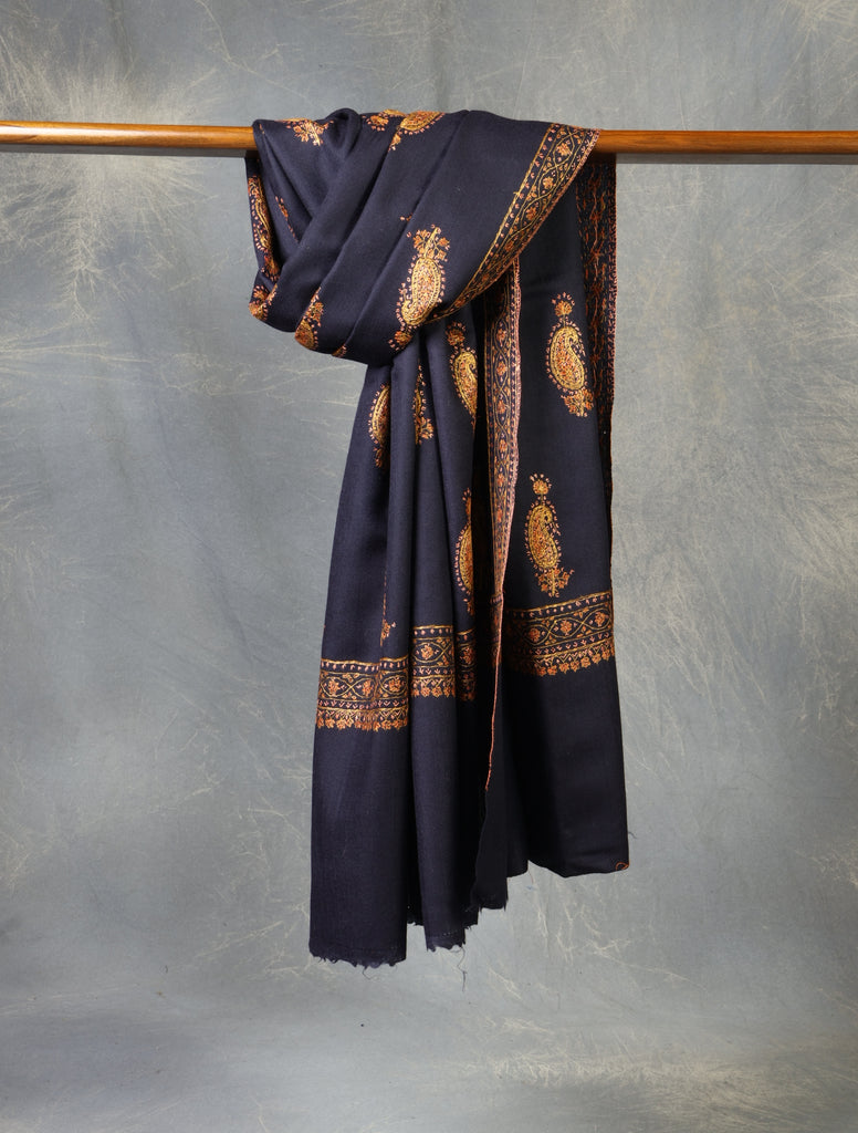 Navy Blue Buteh Embroidery Merino Shawl