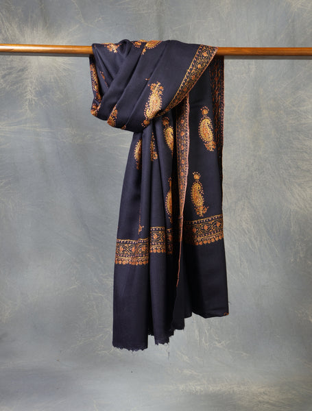 Navy Blue Buteh Embroidery Merino Shawl