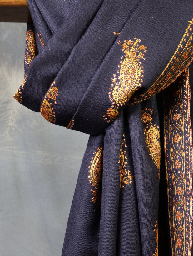 Navy Blue Buteh Embroidery Merino Shawl