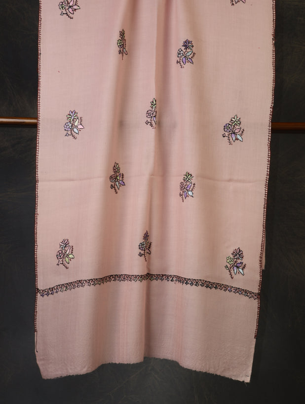 Pink Base Buteh Merino Sozni Hand Embroidery Scarf