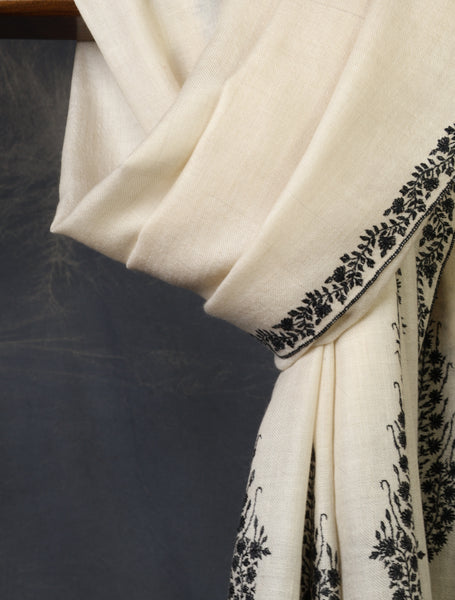 Ivory Base Big Motif Border Embroidery Cashmere Pashmina Shawl