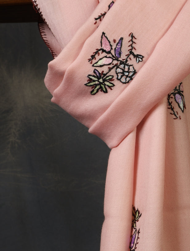 Pink Base Buteh Merino Sozni Hand Embroidery Scarf