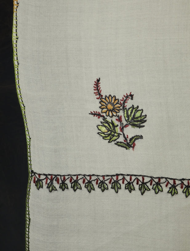 Ivory Base Buteh Merino Sozni Hand Embroidery Scarf