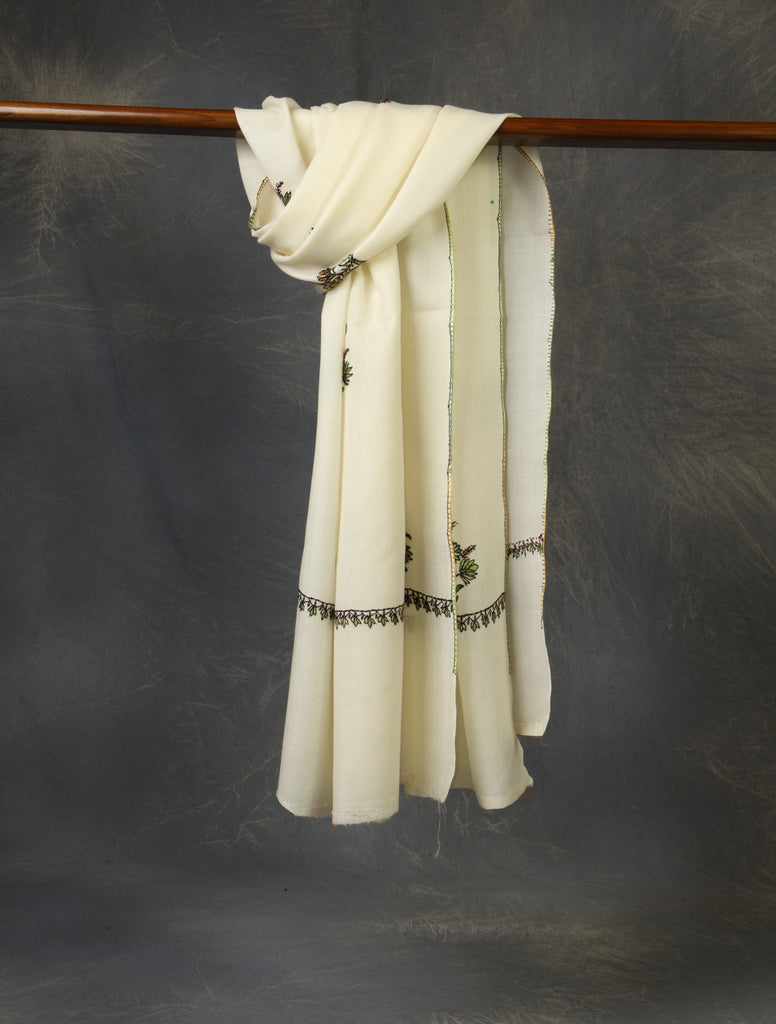 Ivory Base Buteh Merino Sozni Hand Embroidery Scarf