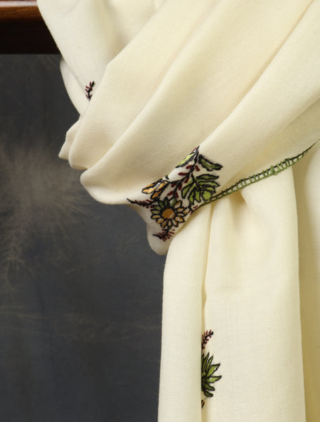 Ivory Base Buteh Merino Sozni Hand Embroidery Scarf