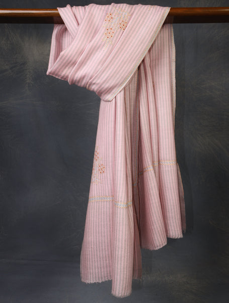 Pink Striped Base Buteh Embroidery Pashmina Cashmere Shawl