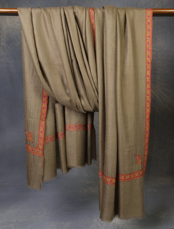 3 yard Natural Brown Small Border Embroidery Cashmere Pashmina Shawl