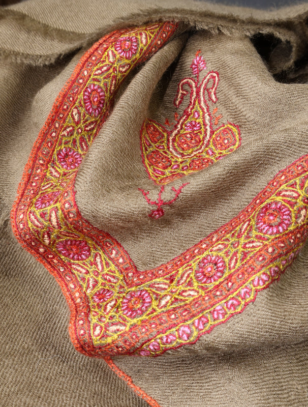 3 yard Natural Brown Small Border Embroidery Cashmere Pashmina Shawl