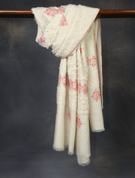 Ivory Base Buteh Embroidery Cashmere Pashmina Travel wrap