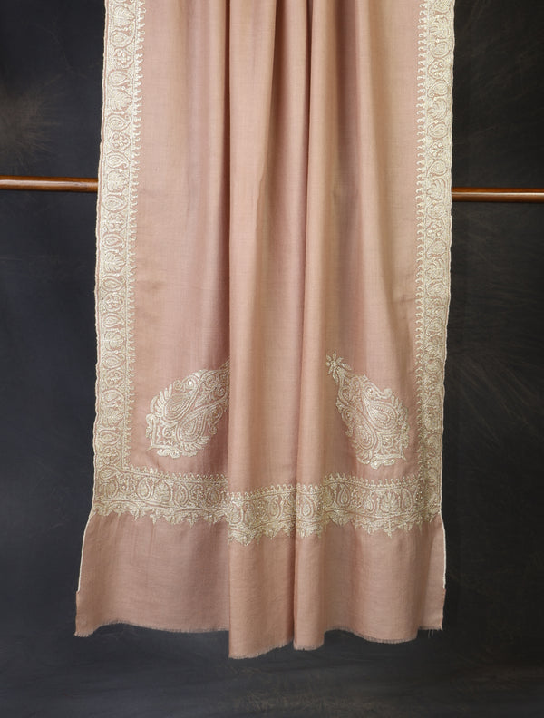 Salmon Pink Small border Tilla Embroidery Pashmina Shawl — pashmina shawl detail