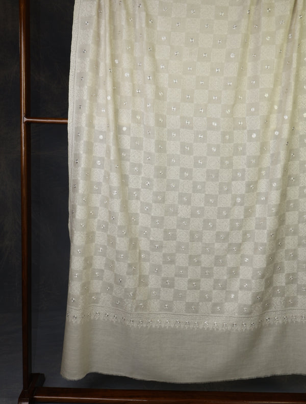 Ivory Base With Checkered Tilla Jali Embroidery Pashmina Shawl — Tilla gold embroidery pashmina shawl from Kashmir