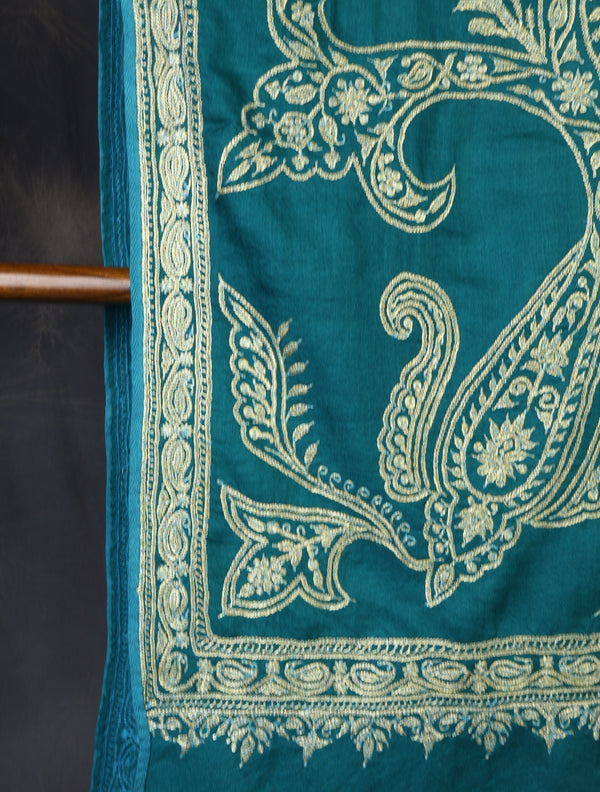Teal Tilla Embroidery Pashmina Shawl — Tilla gold embroidery pashmina shawl from Kashmir