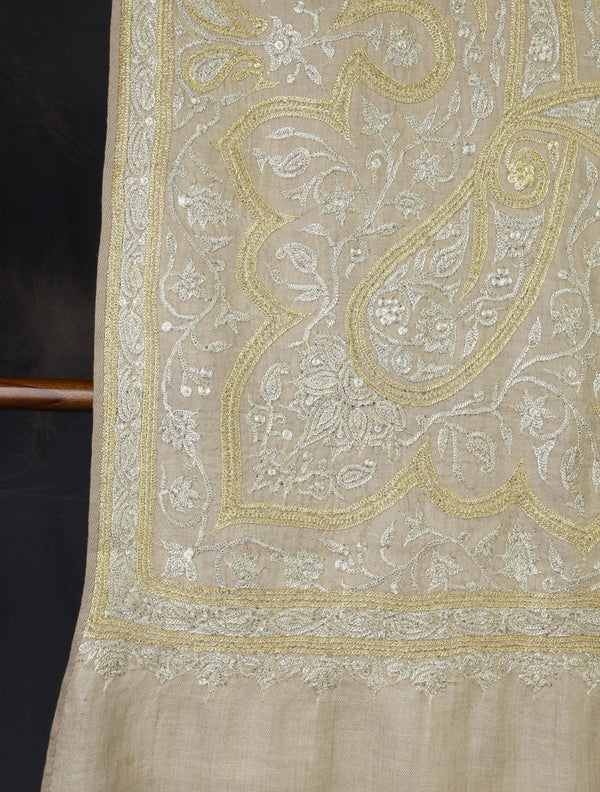 Ivory Base With Tilla Jali Embroidery Pashmina Shawl — Tilla gold embroidery pashmina shawl from Kashmir