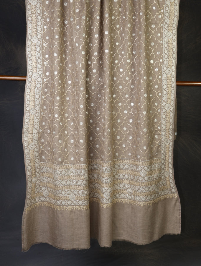 Natural Base With Tilla Jali Embroidery Pashmina Shawl