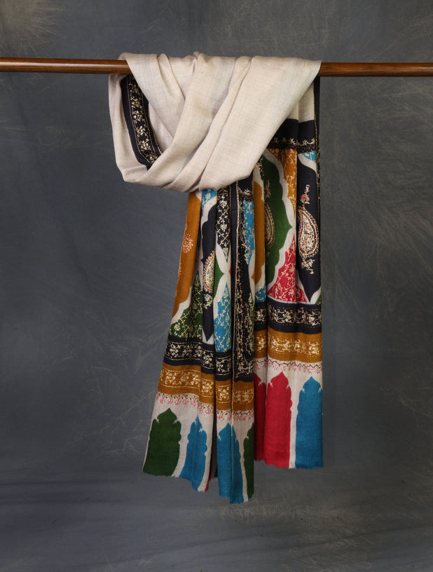 Multicolor Border Sozni Embroidery Fine Merino Wool Scarf