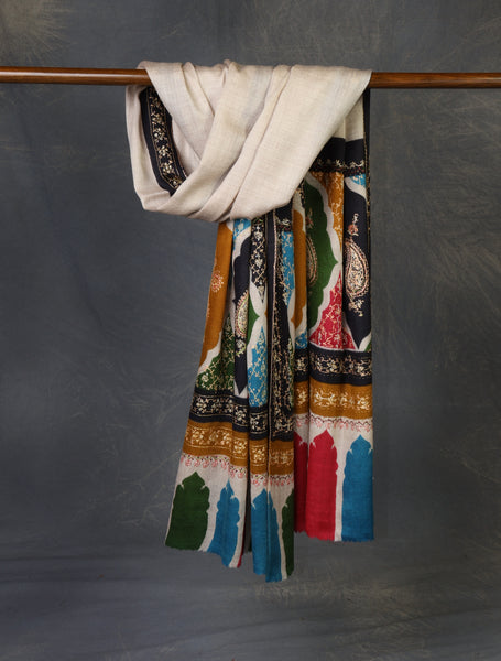 Multicolor Border Sozni Embroidery Fine Merino Wool Scarf