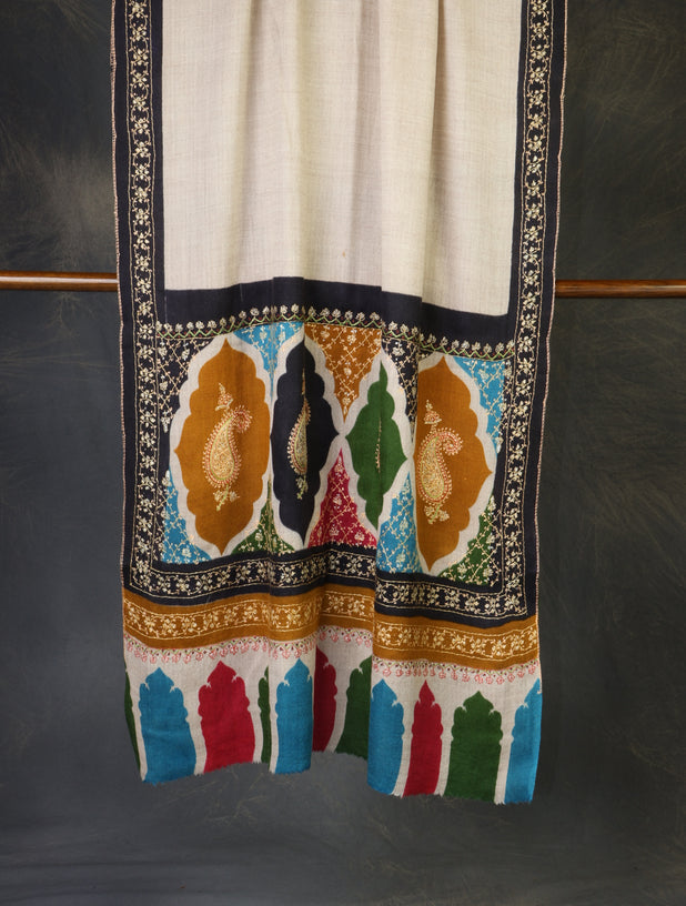 Multicolor Border Sozni Embroidery Fine Merino Wool Scarf