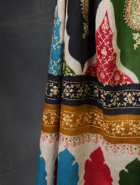 Multicolor Border Sozni Embroidery Fine Merino Wool Scarf