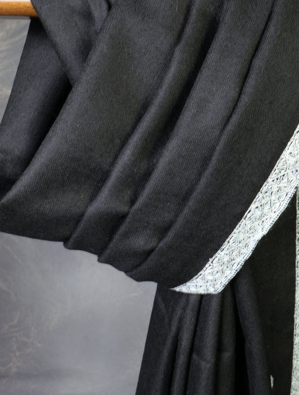 Black with Small Border Embroidery Cashmere Pashmina Shawl – detail view