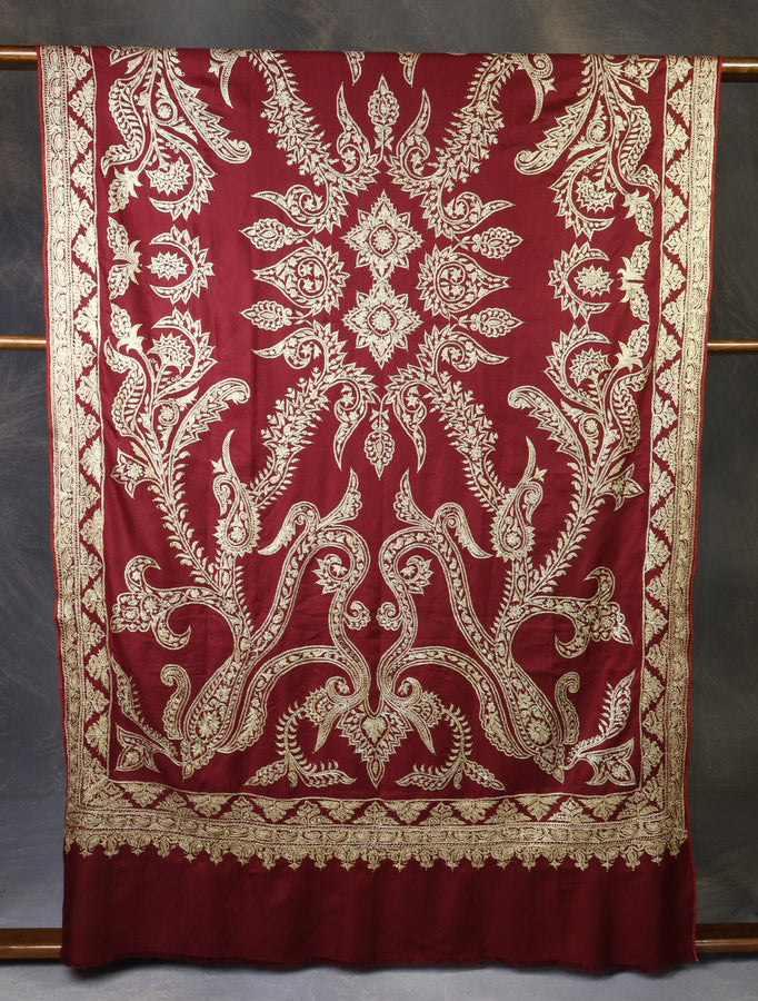 2.5 Yard Maroon Tilla Embroidery Pashmina Shawl