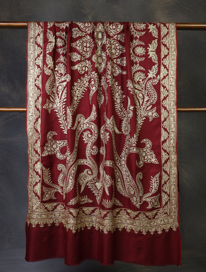 2.5 Yard Maroon Tilla Embroidery Pashmina Shawl