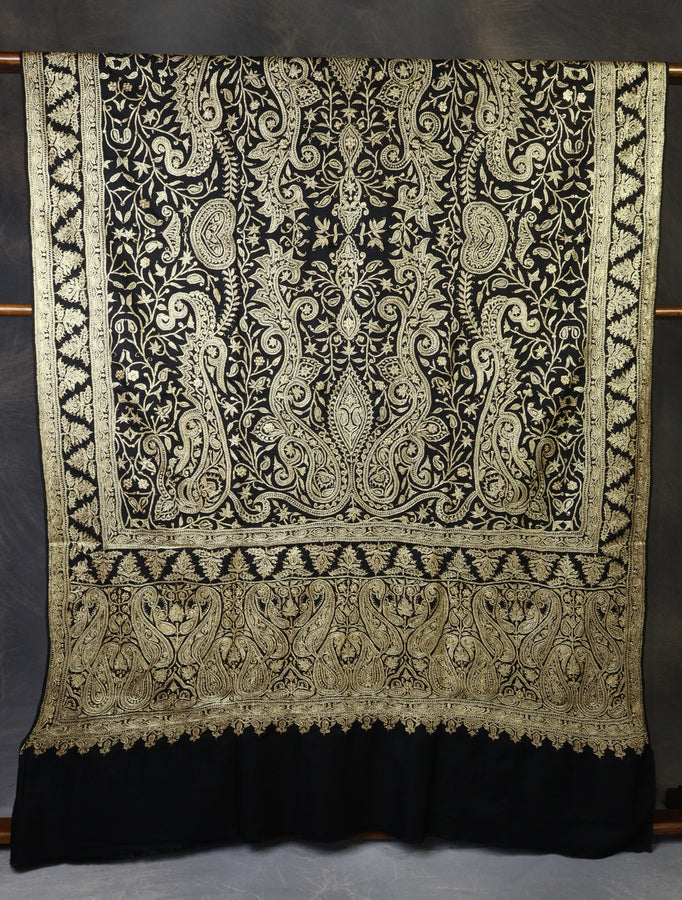 3 Yard Black Base With Tilla Embroidery Pashmina Shawl