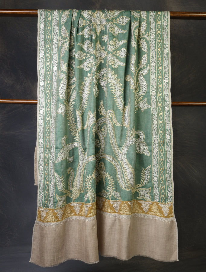 2.5 Yard Green Tilla Embroidery Pashmina Shawl