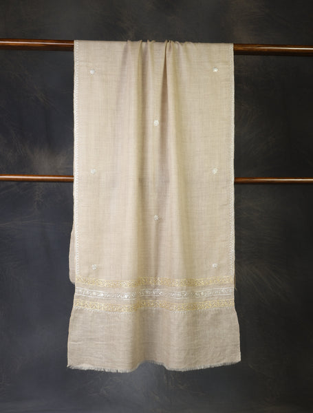 Natural Tilla Border Embroidery Cashmere Pashmina Scarf