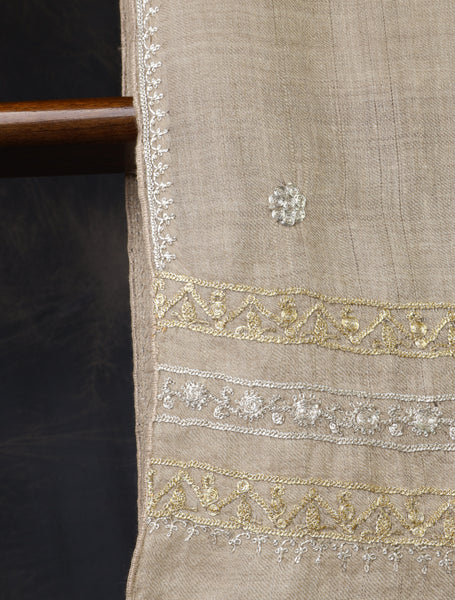 Natural Tilla Border Embroidery Cashmere Pashmina Scarf