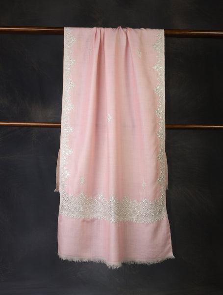 Pink Tilla Border Embroidery Cashmere Pashmina Scarf