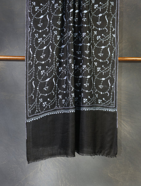 Black Jali Embroidery Pashmina Cashmere Scarf