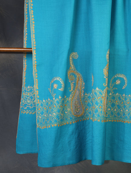 Dodger Blue Base Border Embroidery Merino Shawl