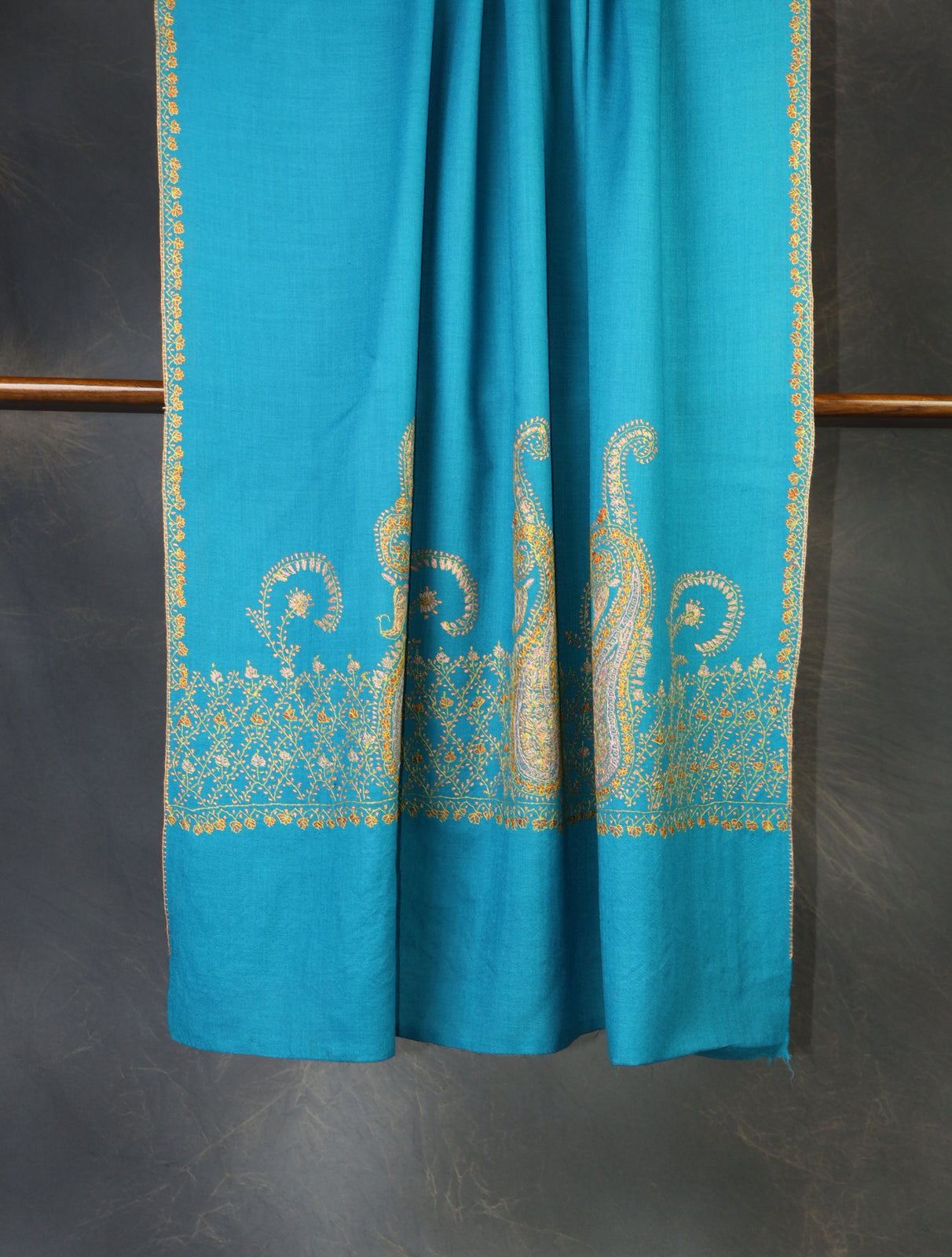 Dodger Blue Base Border Embroidery Merino Shawl