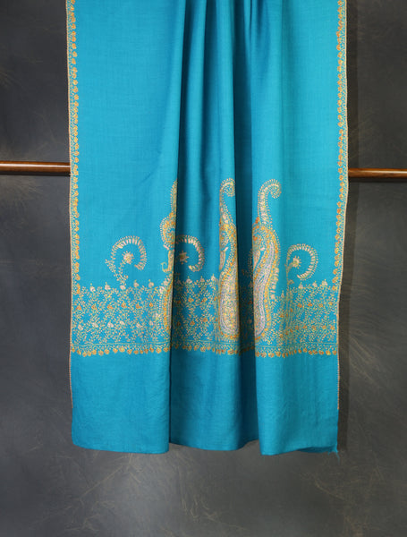 Dodger Blue Base Border Embroidery Merino Shawl