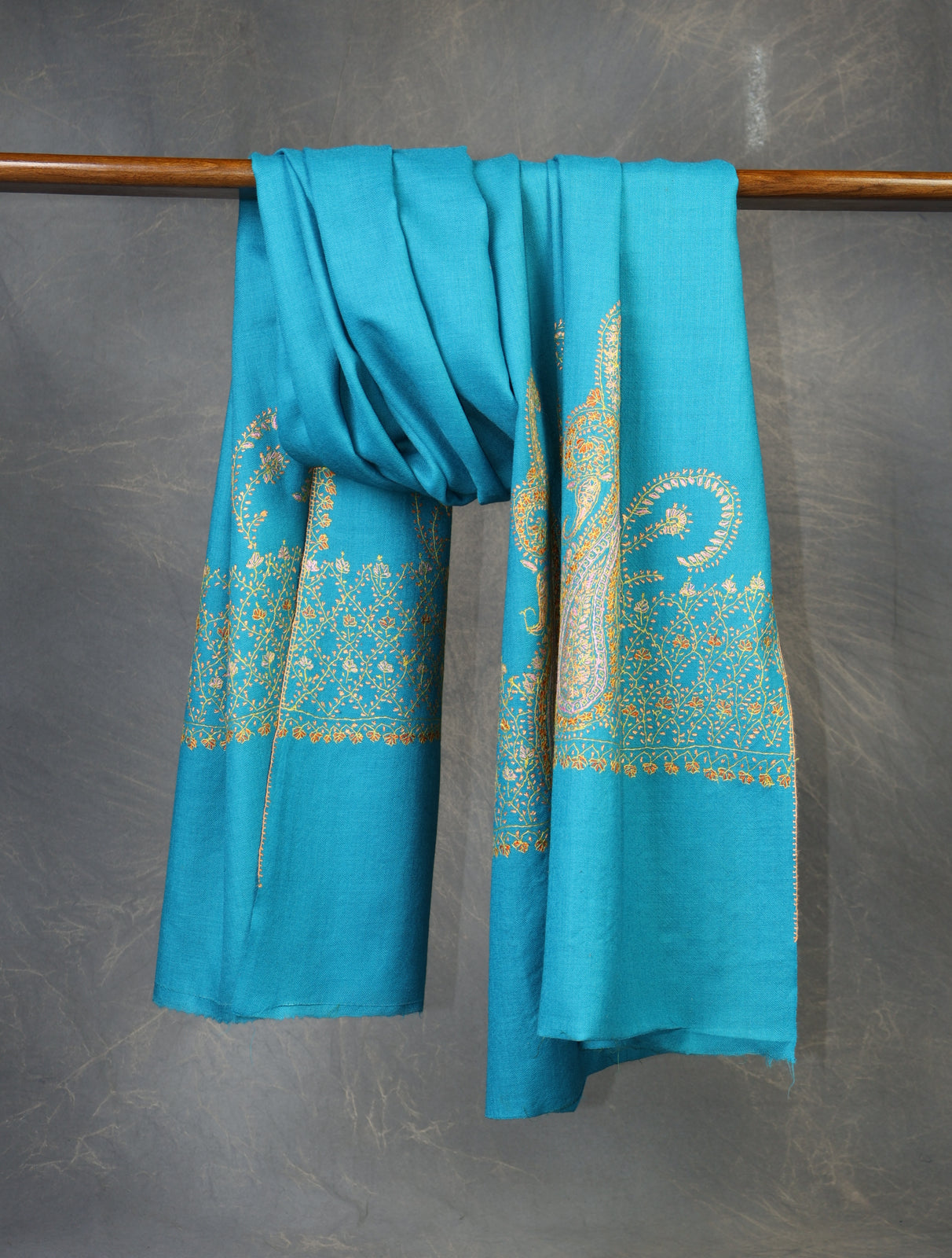 Dodger Blue Base Border Embroidery Merino Shawl