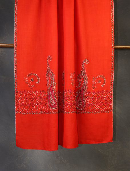 Red Base Big Border Embroidery Merino Shawl