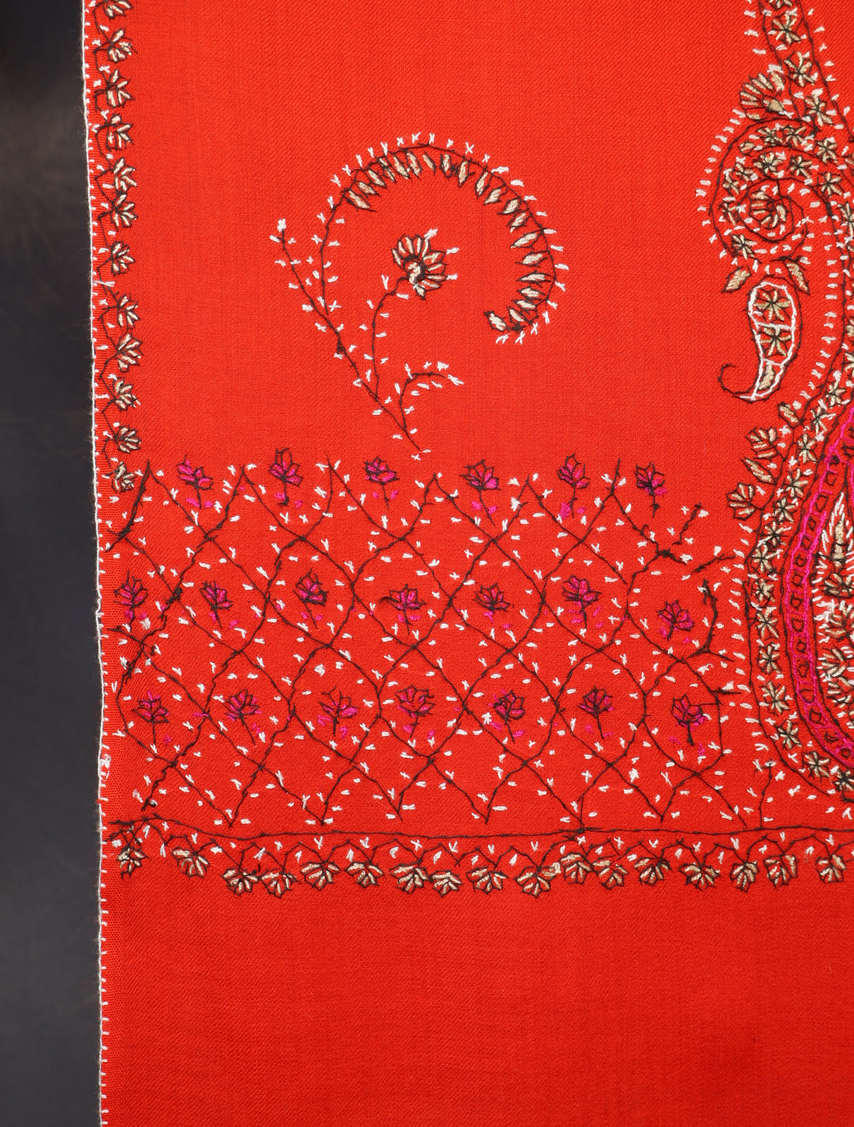 Red Base Big Border Embroidery Merino Shawl