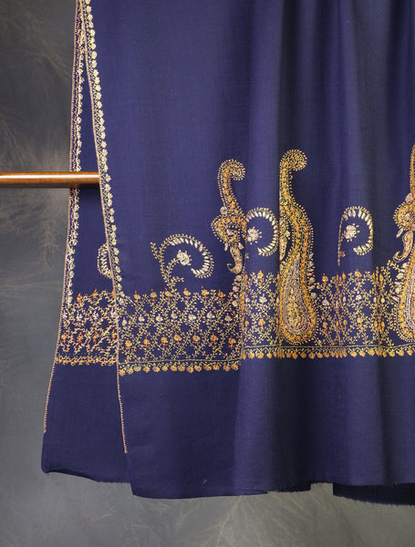 Navy Blue Base Border Embroidery Merino Shawl