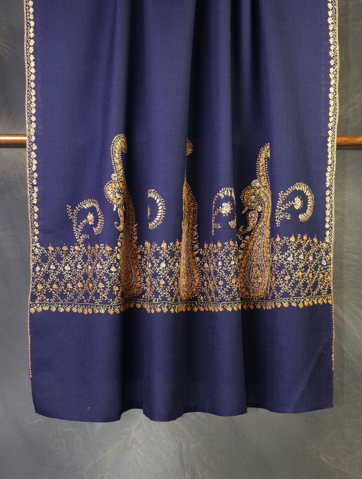 Navy Blue Base Border Embroidery Merino Shawl