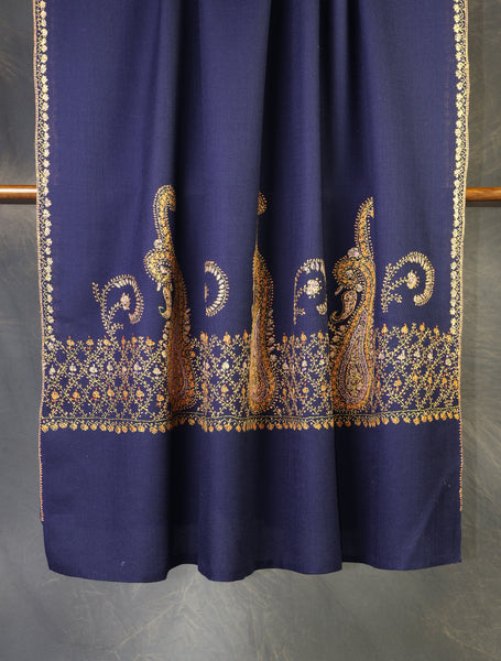 Navy Blue Base Border Embroidery Merino Shawl