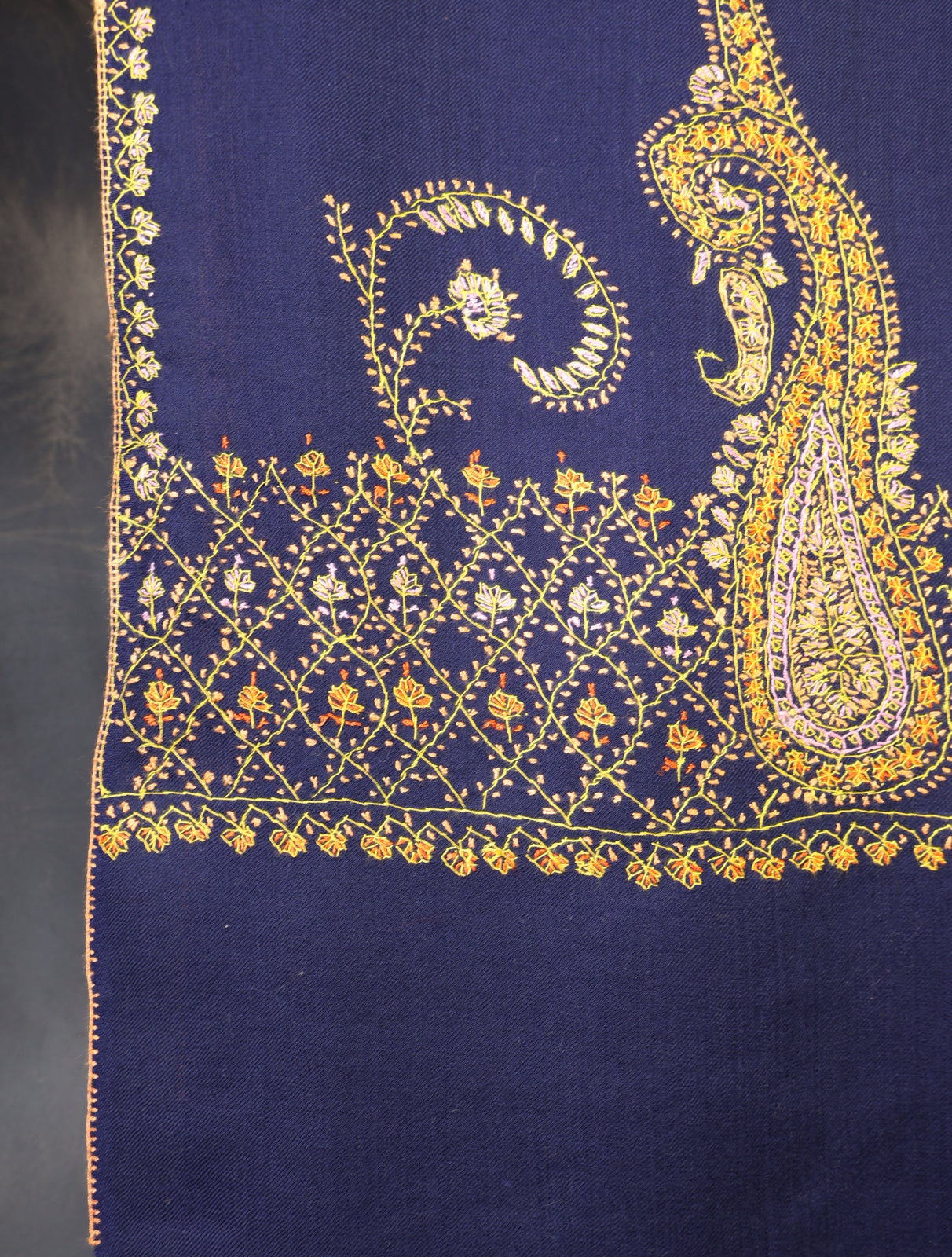 Navy Blue Base Border Embroidery Merino Shawl