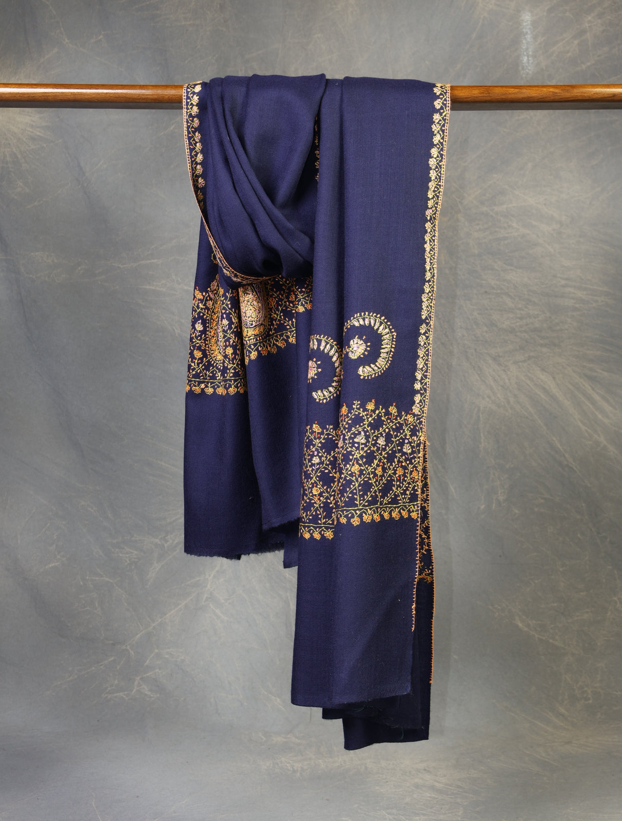 Navy Blue Base Border Embroidery Merino Shawl