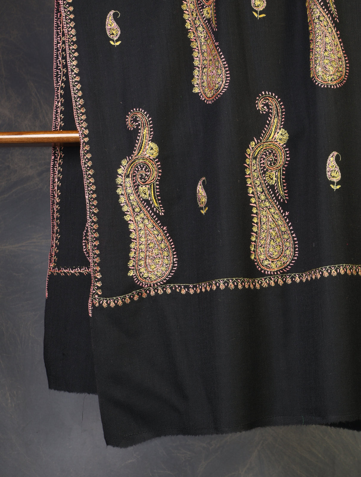 Black Base Big Buteh Embroidery Merino Shawl