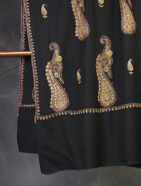 Black Base Big Buteh Embroidery Merino Shawl
