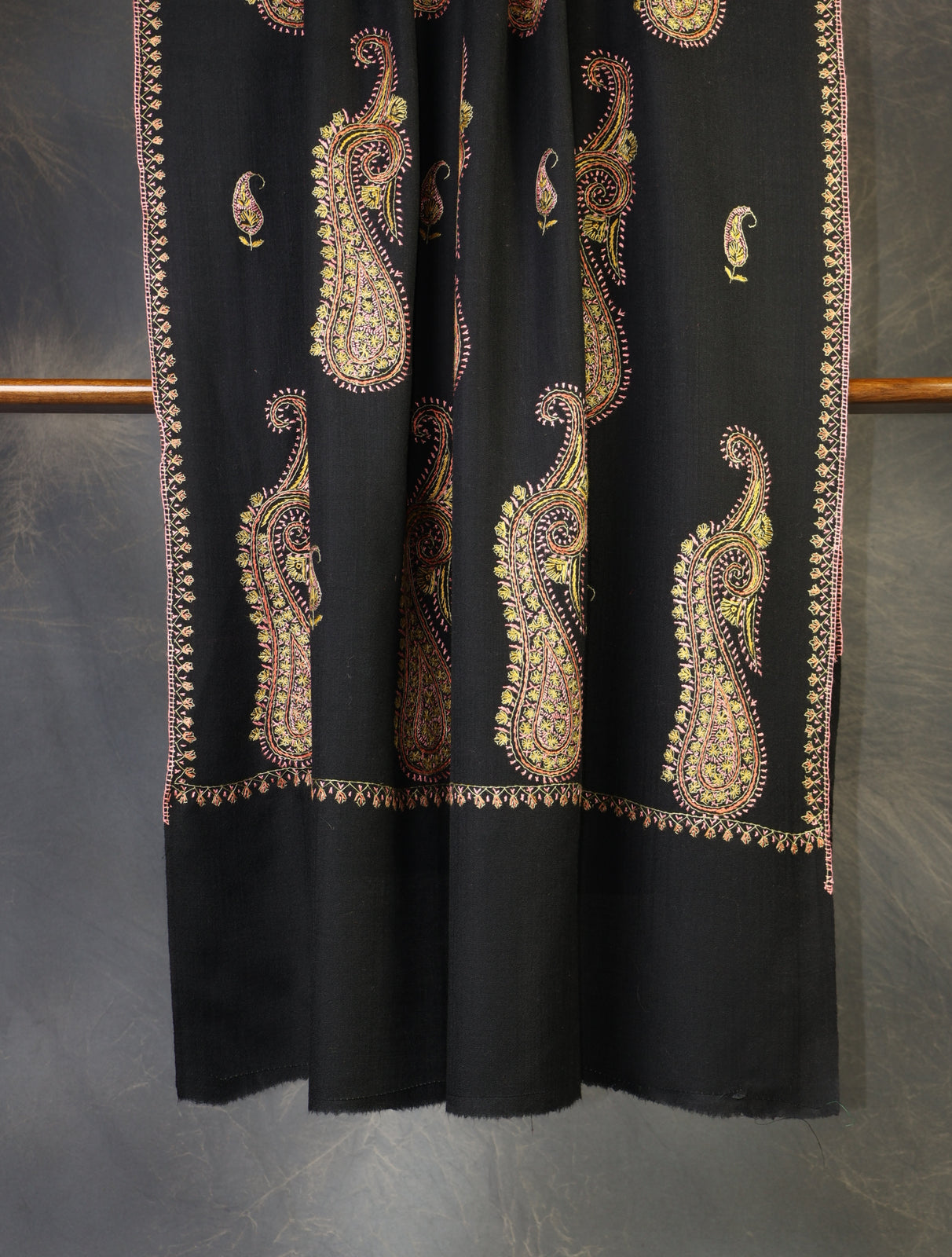 Black Base Big Buteh Embroidery Merino Shawl